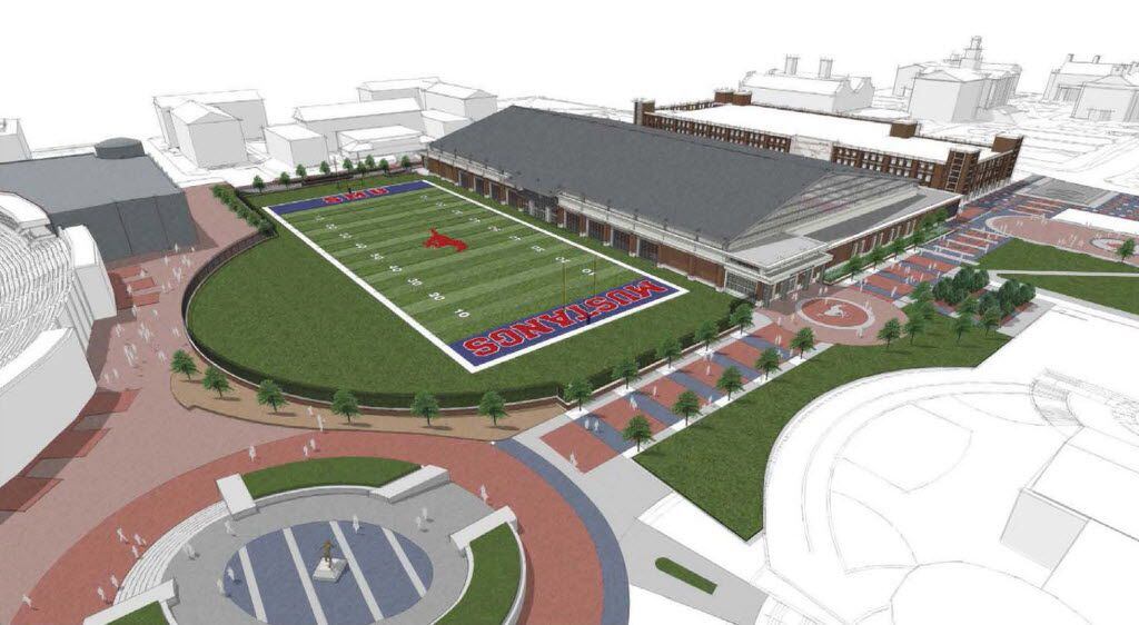 Artist's rendering of the indoor athletic practice facility planned for construction at SMU.