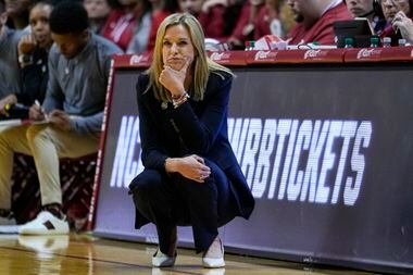 Oklahoma head coach Jennie Baranczyk watches as her teams plays against Indiana in the first...