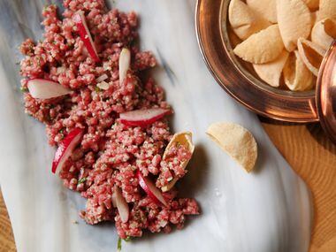 Kibbeh Nayeh with grass-fed Randall Linebacks ruby veal from Chapel Hill Farm in a...