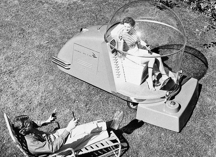  The "Power Mower of the Future" is demonstrated in Port Washington, Wis., Oct 14, 1957. The...