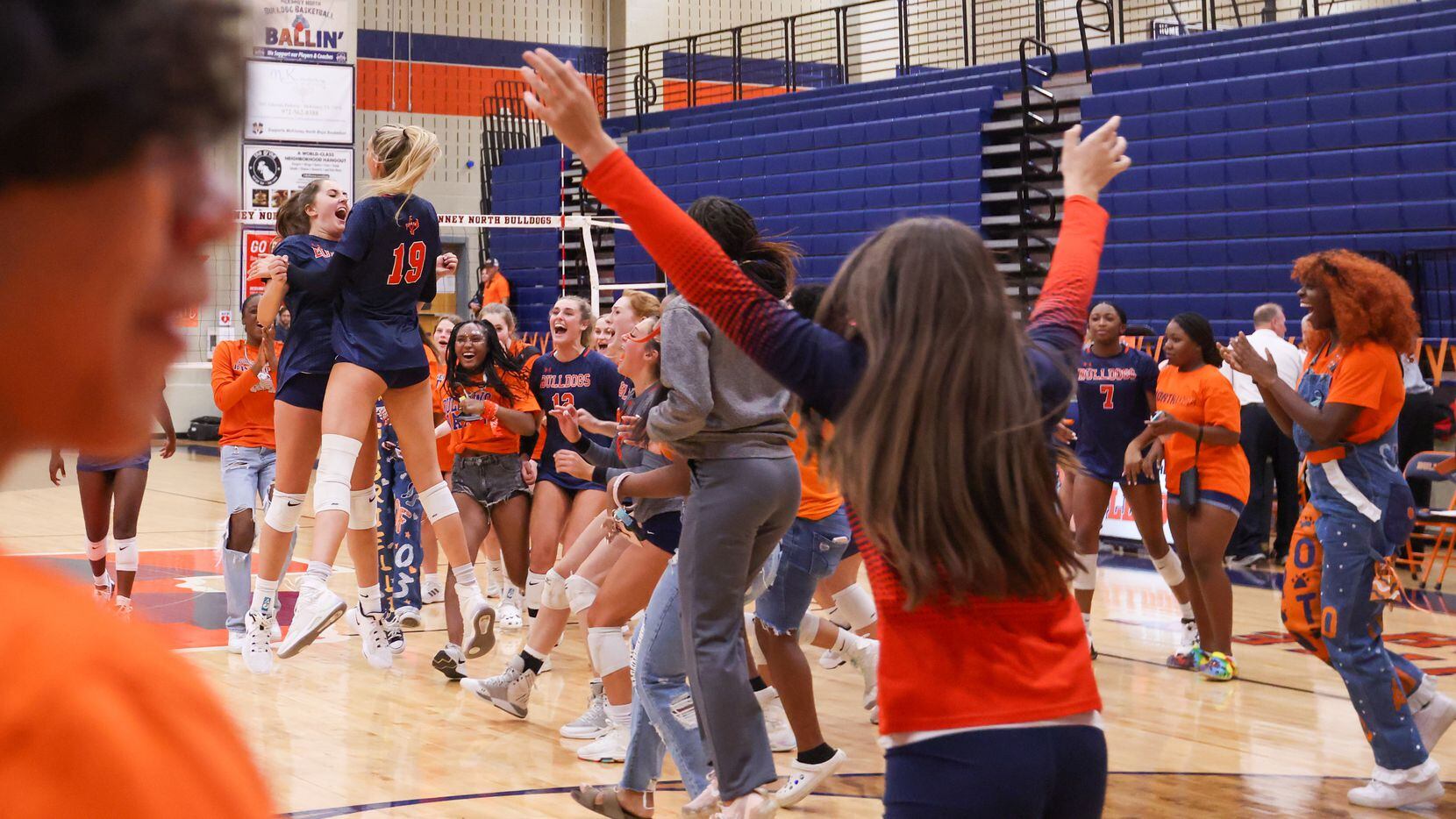 McKinney North Natalie Hughes (19) jumps to celebrate the team’s win against Lovejoy at a...