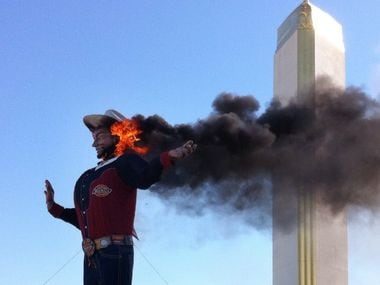 Big Tex on fire at the State Fair of Texas, Oct. 19, 2012 in Dallas.