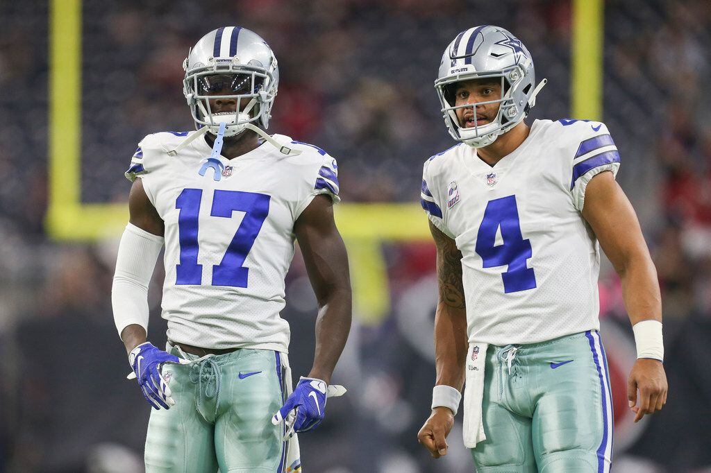FILE - Cowboys wide receiver Allen Hurns (17) and quarterback Dak Prescott (4) warm up before a game against the Houston Texans on Sunday, Oct. 7, 2018, at NRG Stadium in Houston. (Ryan Michalesko/The Dallas Morning News)