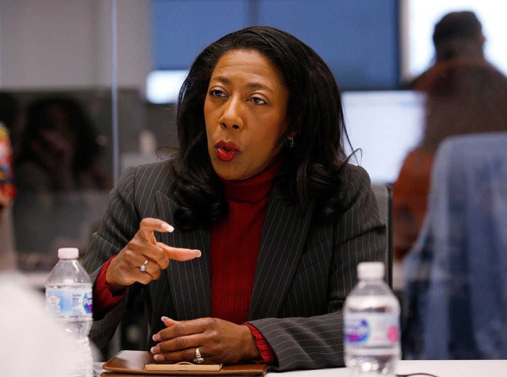 District Attorney candidate Elizabeth Frizell answers questions at an editorial board...