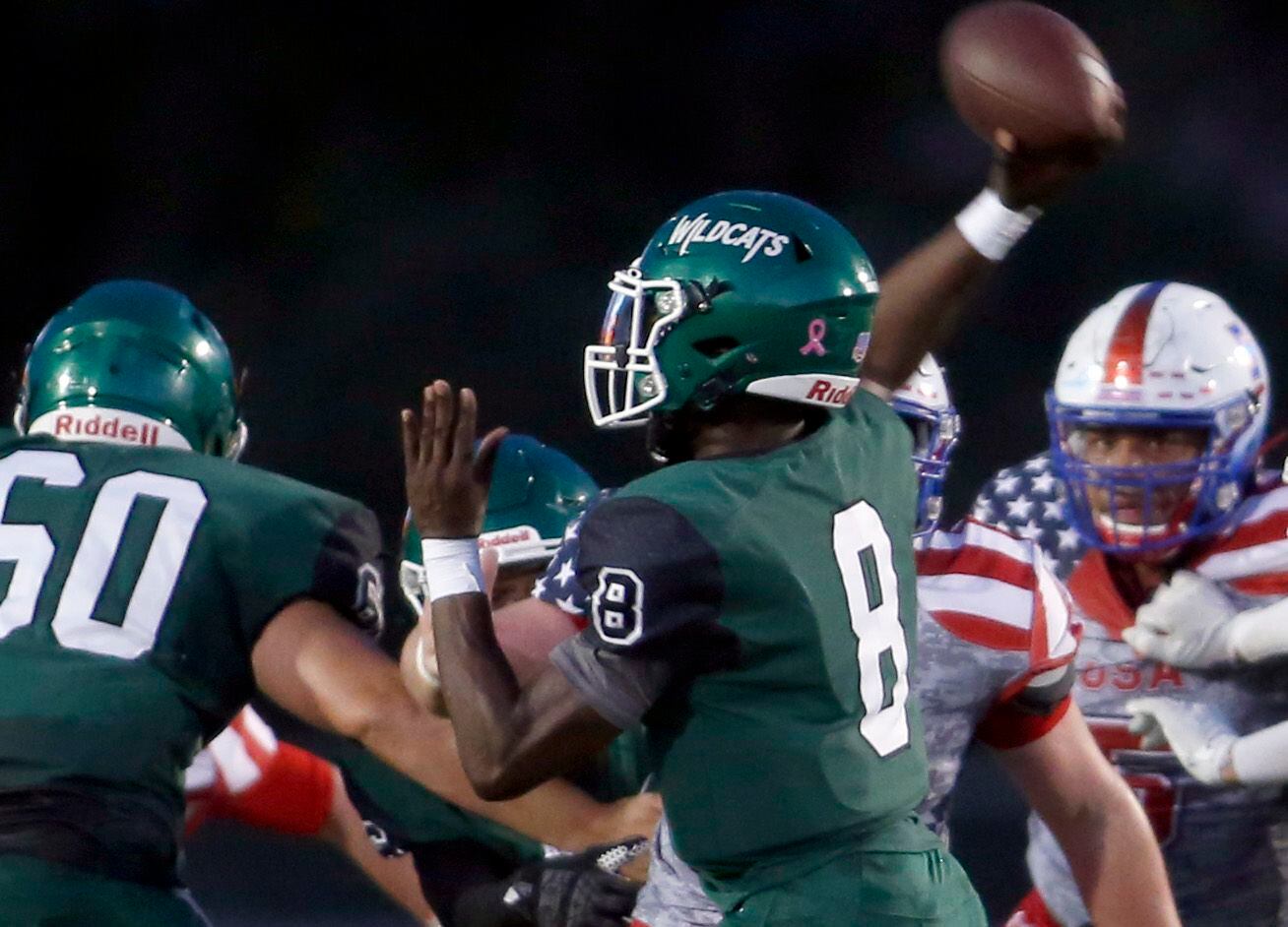 Kennedale quarterback Paul Donkor (8) releases a pass during 2nd quarter action against...