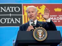 President Joe Biden speaks during a news conference on the final day of the NATO summit in...