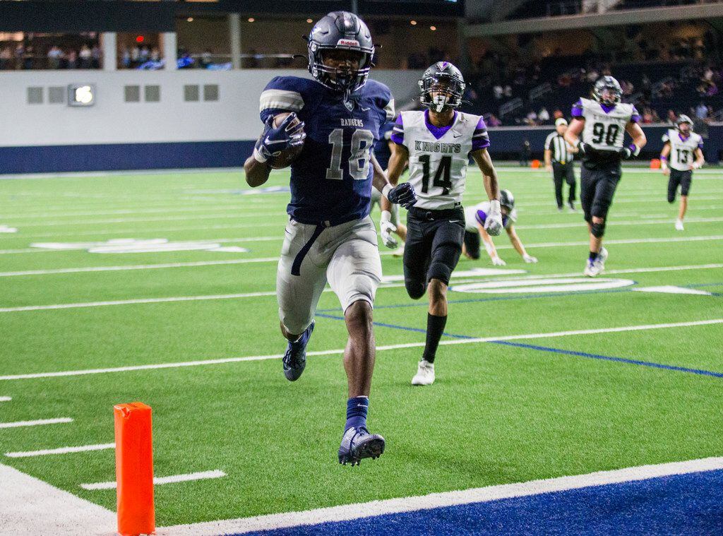 Frisco Lone Star wide receiver Marvin Mims (18) runs to the end zone for a touchdown during the fourth quarter of a District 5-5A Division I high school football game between Frisco Independence and Frisco Lone Star on Thursday, October 10, 2019 at the Ford Center at The Star in Frisco. (Ashley Landis/The Dallas Morning News)