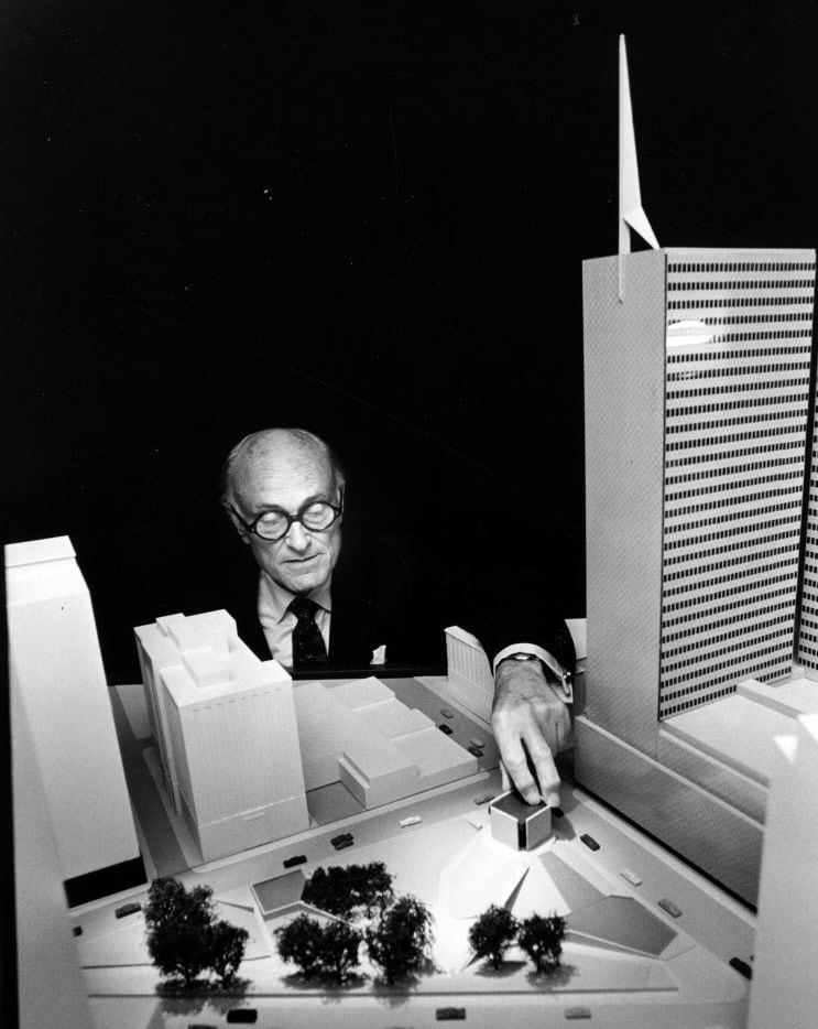 Philip Johnson shows a scale model of Dallas' Thanks-Giving Square in 1971. 