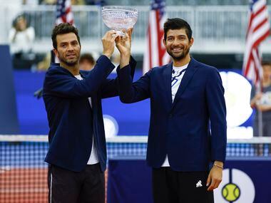 Jean-Julien Rojer, left, and Marcelo Arevalo celebrate winning the doubles final of the ATP...