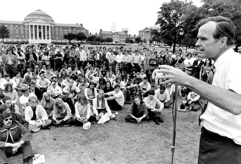 1970: U.S. Congressman George Bush speaks to students on the SMU campus during his run for a...