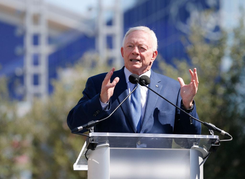 Dallas Cowboys owner and general manager Jerry Jones speaks to the crowd during the Ring of...