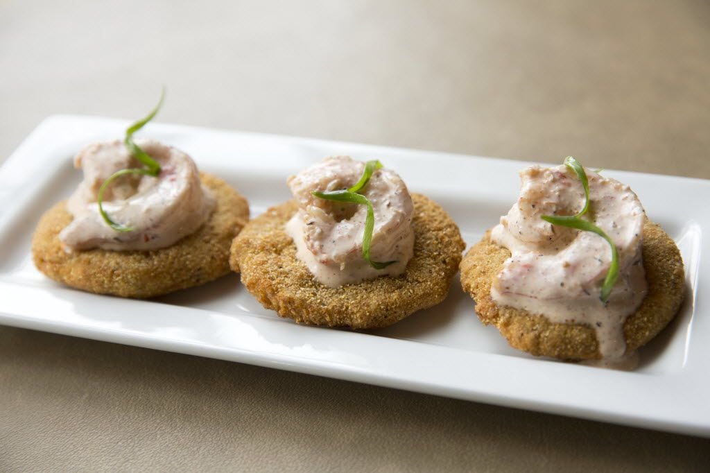 Fried green tomatoes with spiced shrimp in buttermilk dressing 