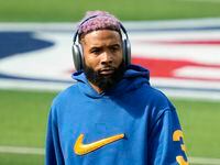Los Angeles Rams wide receiver Odell Beckham Jr. looks on prior to the start of the NFL...