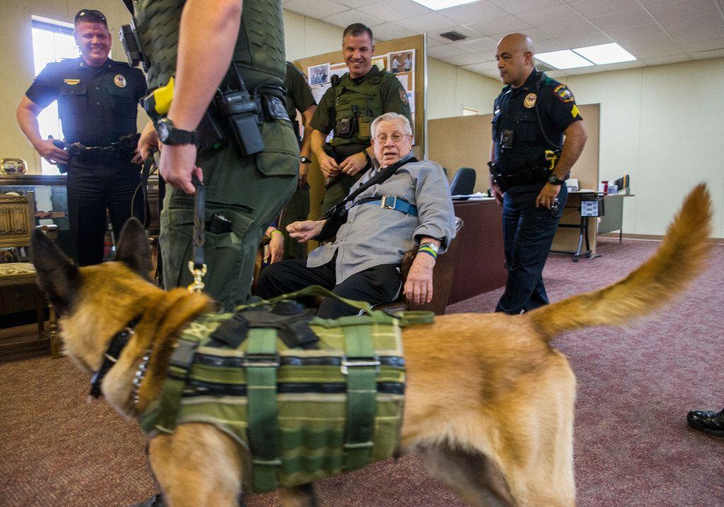 Korean War veteran Calvin Brundrett takes a look at Jurek the police dog, who is wearing one...