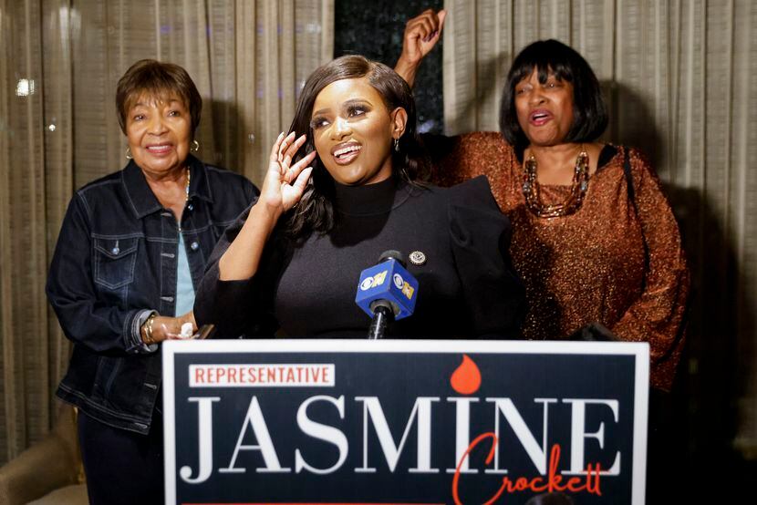 District 30 candidate Jasmine Crockett, centers, delivers her winning remarks as her mother...