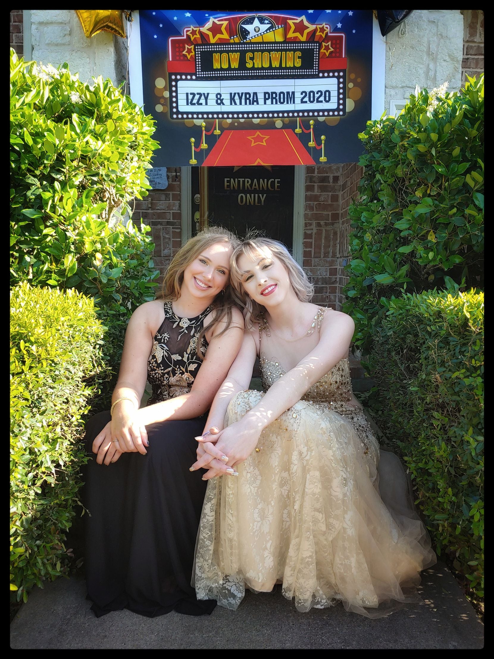 Isabelle Tye (left) celebrated prom at home in Frisco with her friend Kyra Bridges.