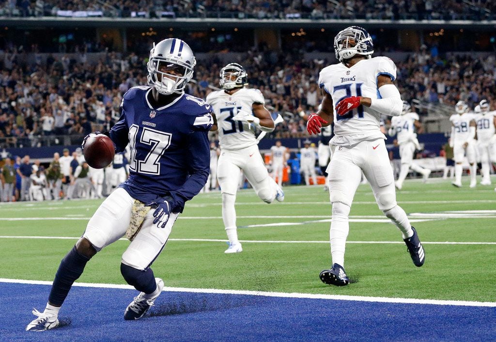 FILE - Cowboys wide receiver Allen Hurns (17) scores a second quarter touchdown against Tennessee Titans cornerback Malcolm Butler (21) at AT&T Stadium in Arlington on Monday, Nov. 5, 2018. (Tom Fox/The Dallas Morning News)