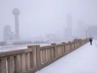 A view of downtown from the Houston St Viaduct as sleet falls on Thursday, Feb. 3, 2022, in...