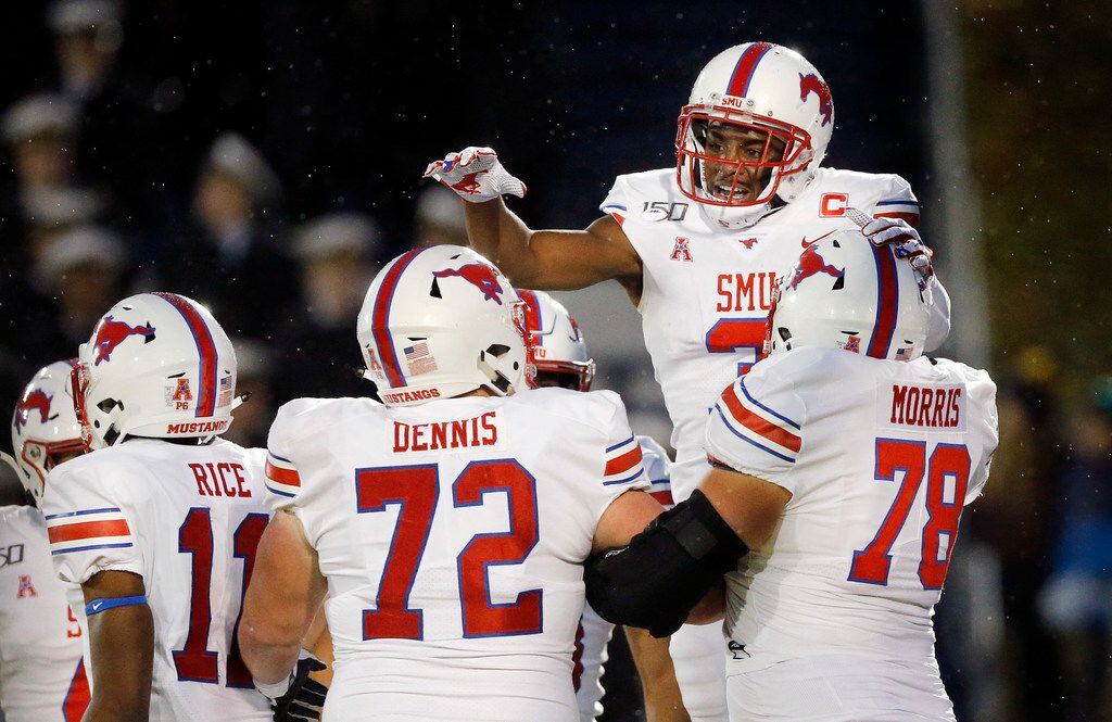 Southern Methodist Mustangs wide receiver James Proche (3) celebrates his second quarter...