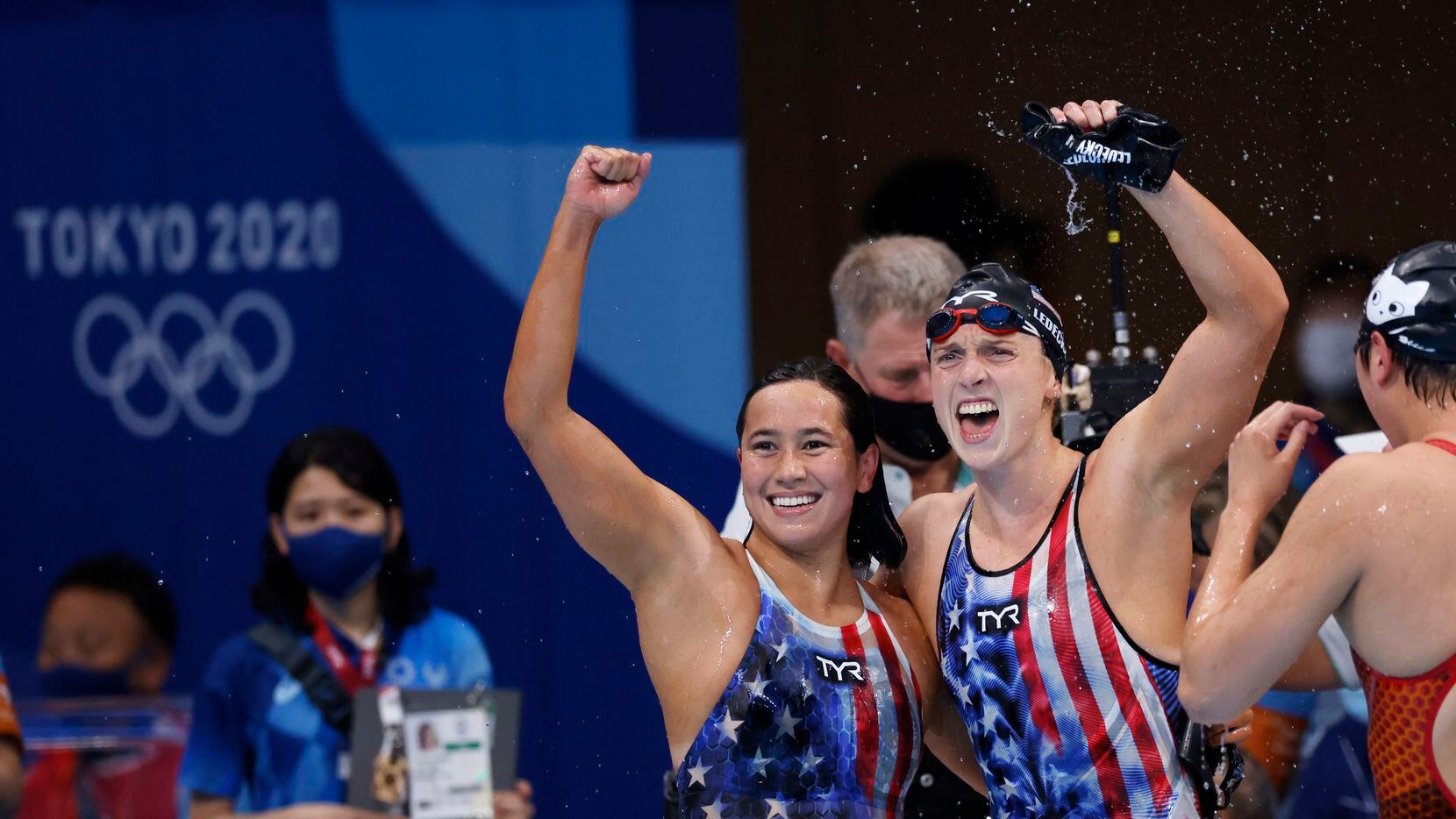 USA’s Katie Ledecky and Erica Sullivan celebrate after winning a gold medal in the women’s 1500 meter freestyle final at the postponed 2020 Tokyo Olympics at the Tokyo Aquatics Centre on Wednesday, July 28, 2021, in Tokyo, Japan.