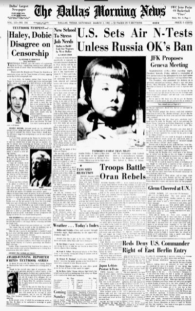The front page of The Dallas Morning News on March 3, 1962 shows the growing strive over...