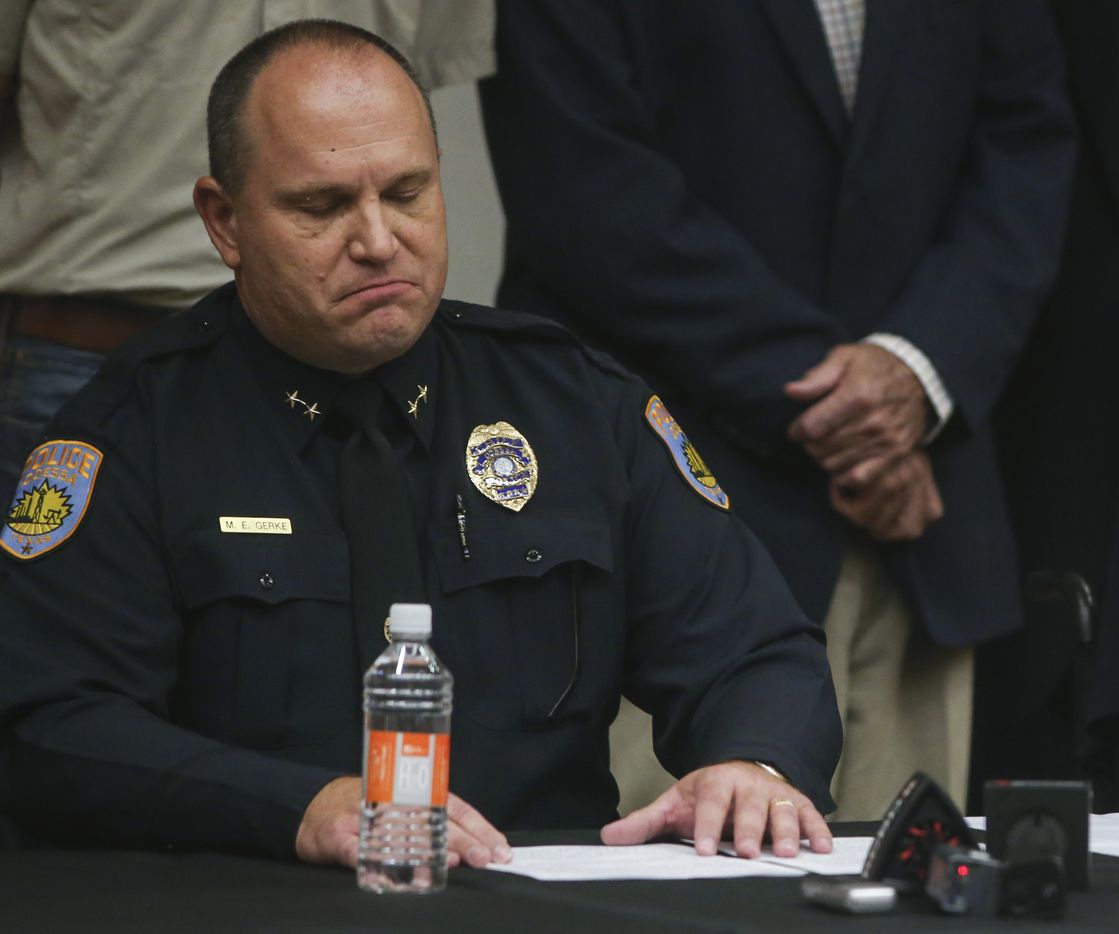Odessa Police Chief Michael Gerke takes a moment during a press conference at the University...