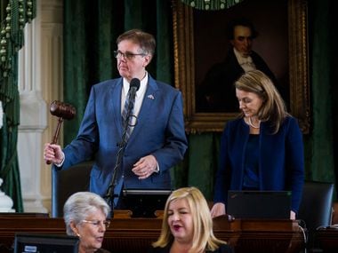 Lt. Governor Dan Patrick bangs a gavel on the second day of the 86th Texas legislature on...