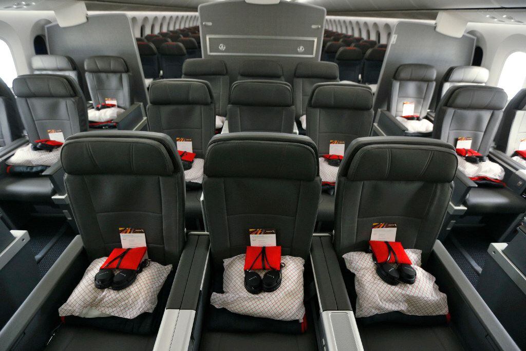 The interior of the new premium economy cabin seating in the American Airlines new 787-9...