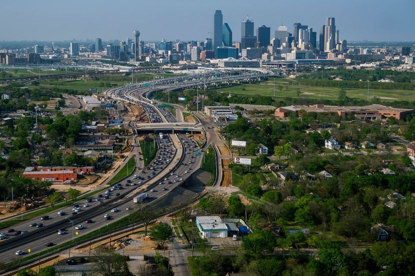 Aerial view of I-35  passing under Colorado Avenue in Oak Cliff and heading toward downtown...