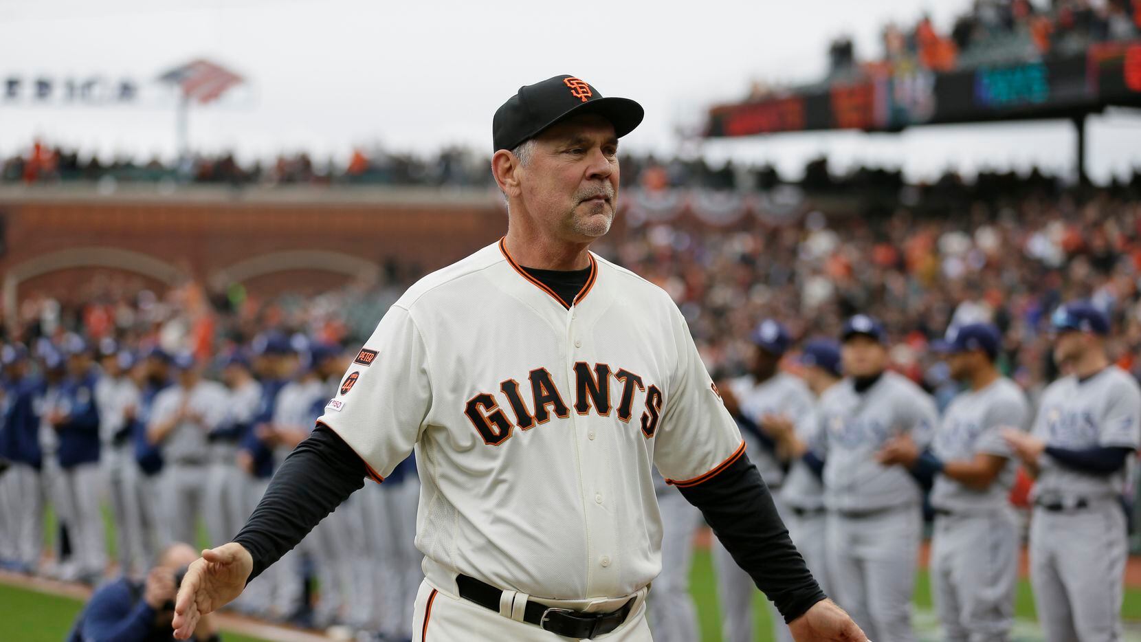 San Francisco Giants manager Bruce Bochy during introductions before the start of an opening...