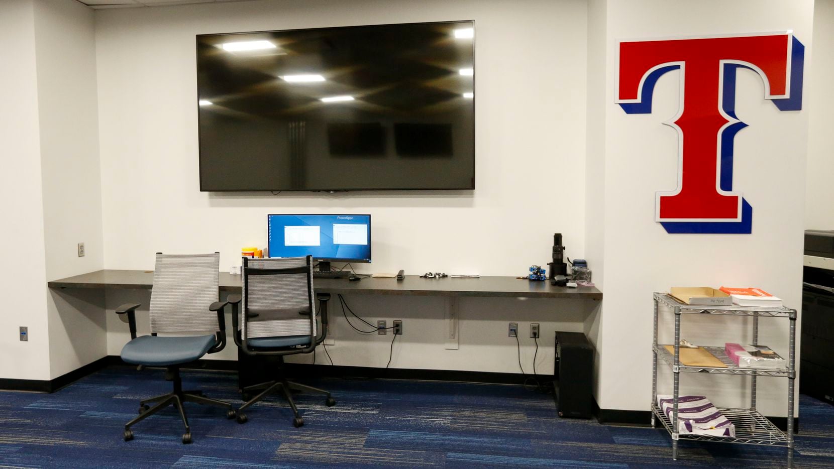 A workstation for video coaching for Texas Rangers coaches and players at Globe Life Field...