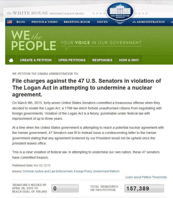  Snapshot of White House online petition as of March 11, 2015, demanding criminal charges...