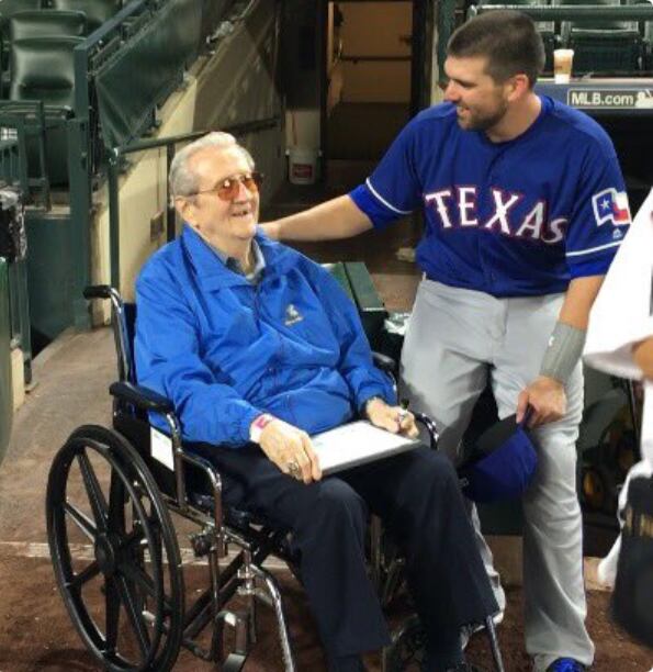 Rangers rookie Brett Nicholas chats with his grandfather Frank McCabe, a former amateur...
