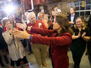 Sen. Angela Paxton thanks the crowd after winning her election on Tuesday, Nov. 8, 2022, at...