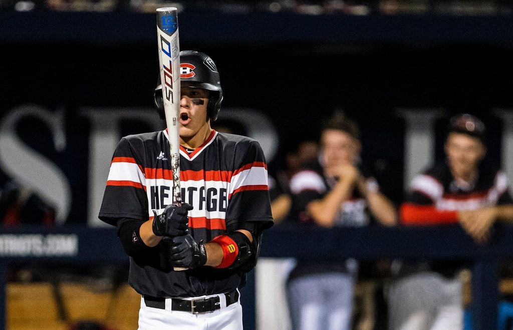 Colleyville Heritage shortstop Bobby Witt Jr. steps into the batters box during game one of a best-of-three Class 5A Region I quarterfinal baseball playoff series against the Mansfield Legacy at Dallas Baptist University on Thursday, May 16, 2019, in Dallas. (Smiley N. Pool/The Dallas Morning News)