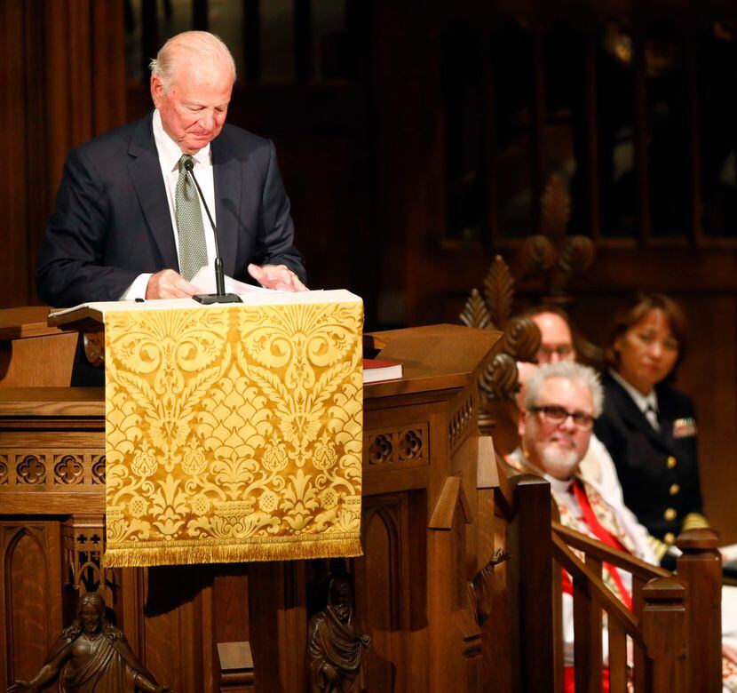 Former White House Chief of Staff James Baker becomes emotional during a eulogy for his best...