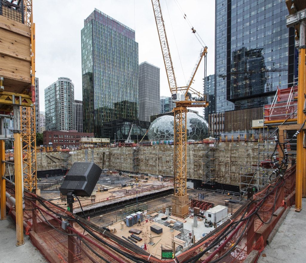 This angle looks across the foundation of another Amazon building being built near Amazon's...