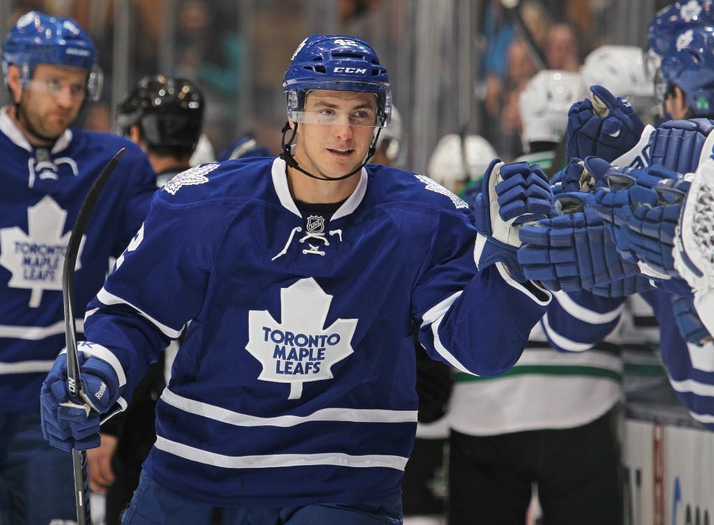 TORONTO, ON - DECEMBER 2:  Tyler Bozak #42 of the Toronto Maple Leafs celebrates his goal against the Dallas Stars during an NHL game at the Air Canada Centre on December 2, 2014 in Toronto, Ontario, Canada. (Photo by Claus Andersen/Getty Images)