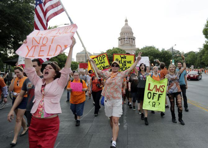 Abortion-rights supporters marched from the Capitol in Austin on Monday, when the fight over...