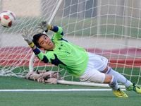 Hebron's Abraham Pina can't make the save on a Coppell goal in the first half during a boys...