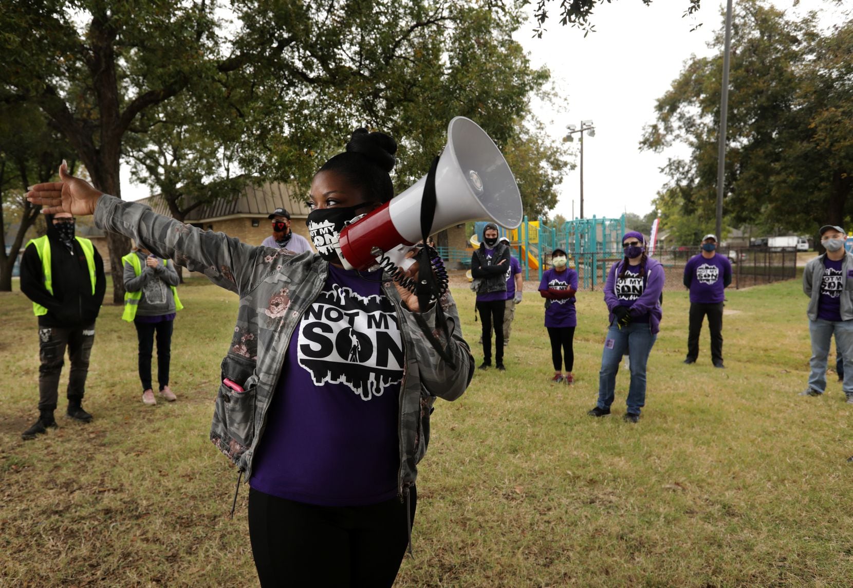 Tramonica Brown spoke to volunteers with the Not My Son nonprofit on social media before they headed out to clean up the neighborhood around the Martin Luther King Jr. Community Center in South Dallas on Oct. 25, 2020.