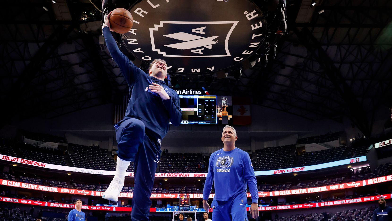 Dallas Mavericks guard Luka Doncic (77) warms up before Game 3 of the NBA Western Conference...