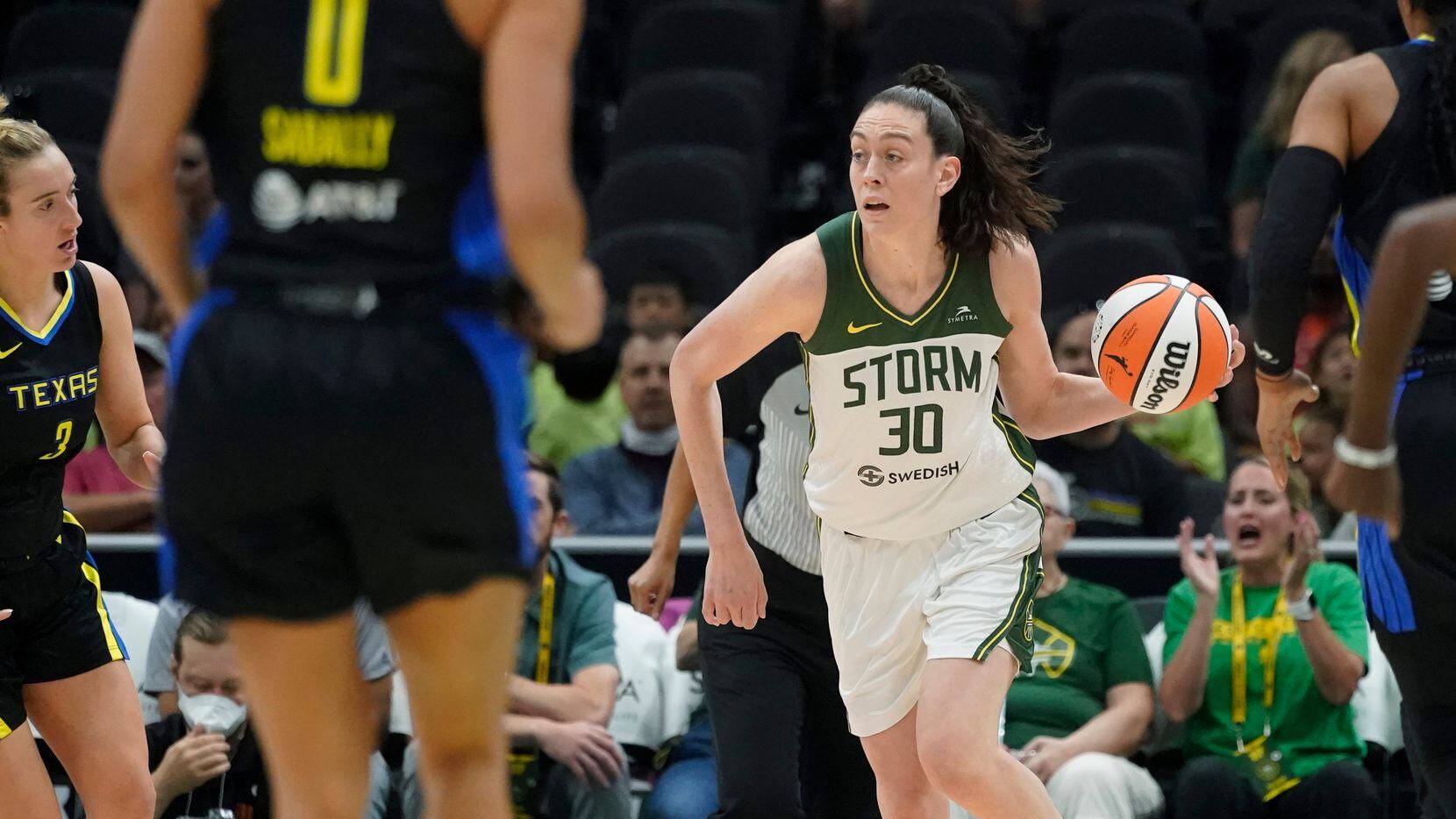Seattle Storm forward Breanna Stewart (30) dribbles against the Dallas Wings during the...