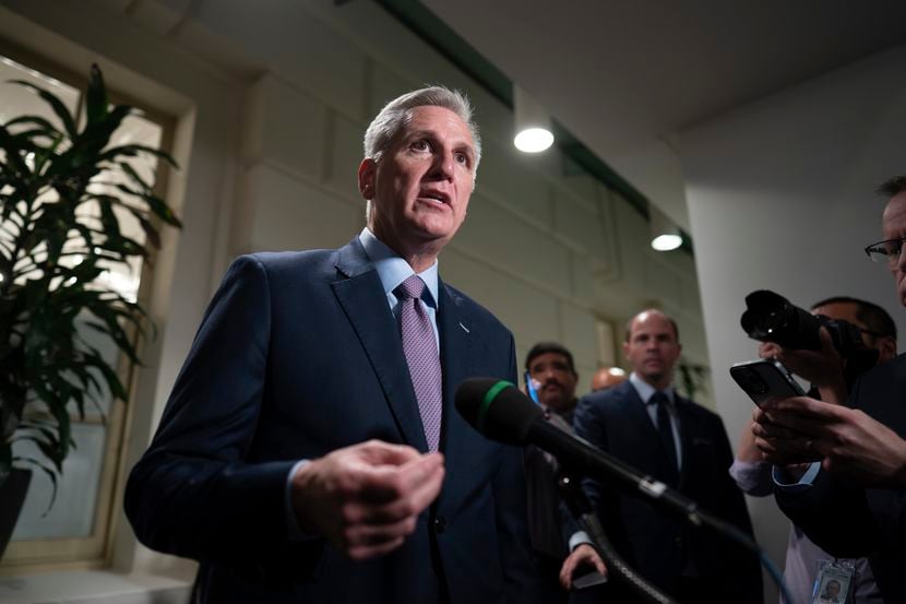 Speaker of the House Kevin McCarthy, R-Calif., talks to reporters after a closed-door...