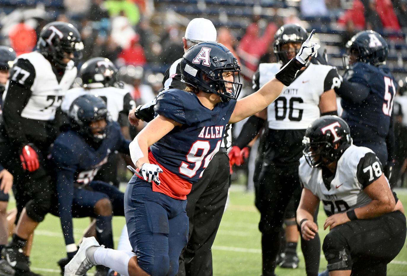 Allen’s Gabriel Milagres (94) celebrates after a fumble recovery in the second half of Class 6A Division I Region I semifinal playoff game between Allen and Euless Trinity, Saturday, Nov. 27, 2021, in Allen, Texas. (Matt Strasen/Special Contributor)
