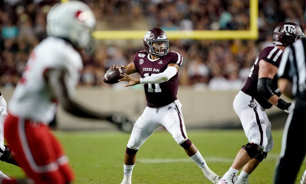 Texas A&M quarterback Kellen Mond (11) Looks down field to pass against Lamar during the second half of an NCAA college football game, Saturday, Sept. 14, 2019, in College Station, Texas. (AP Photo/Sam Craft)