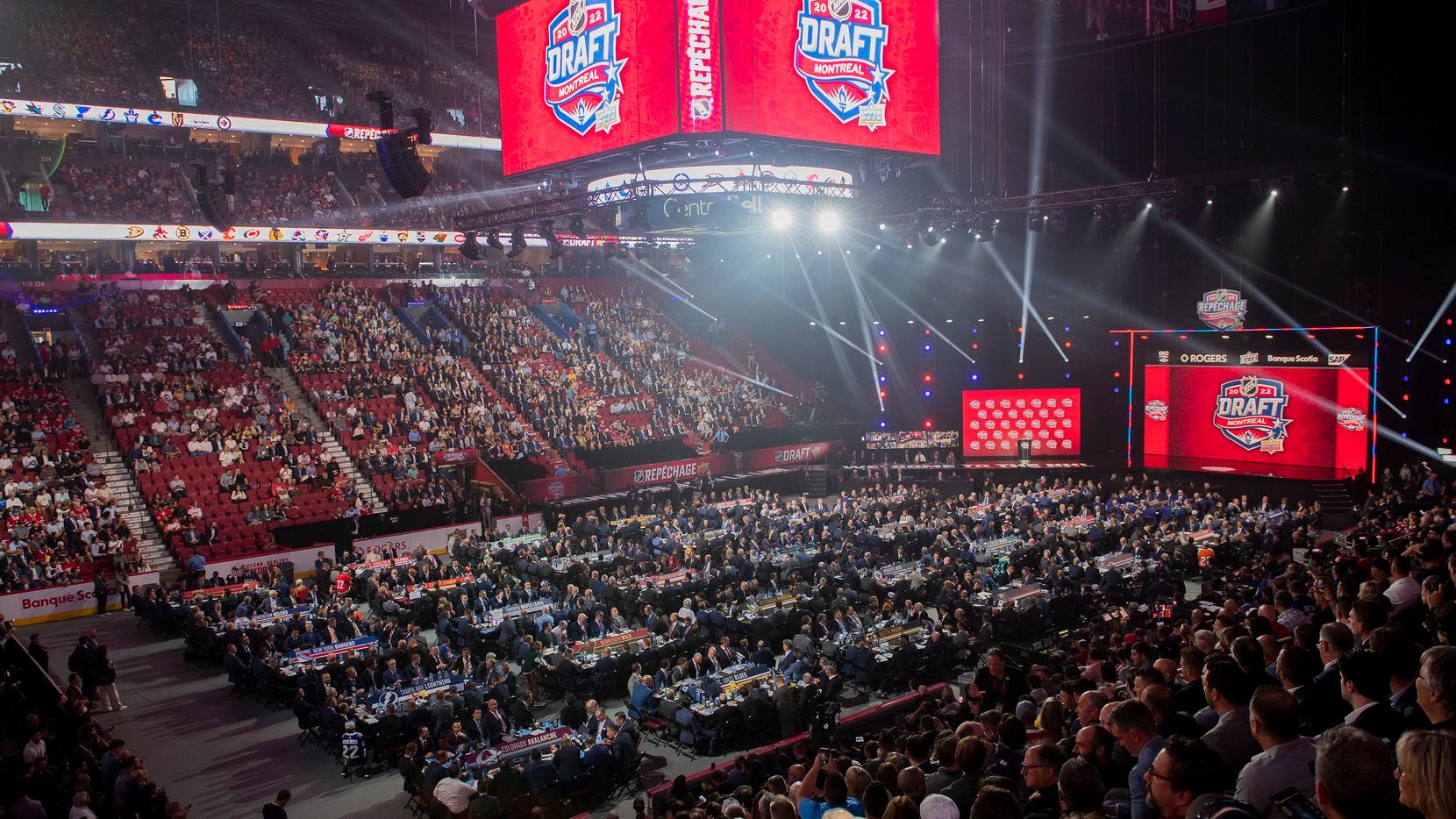 Bell Centre is viewed during the first round of the NHL hockey draft in Montreal, Thursday,...