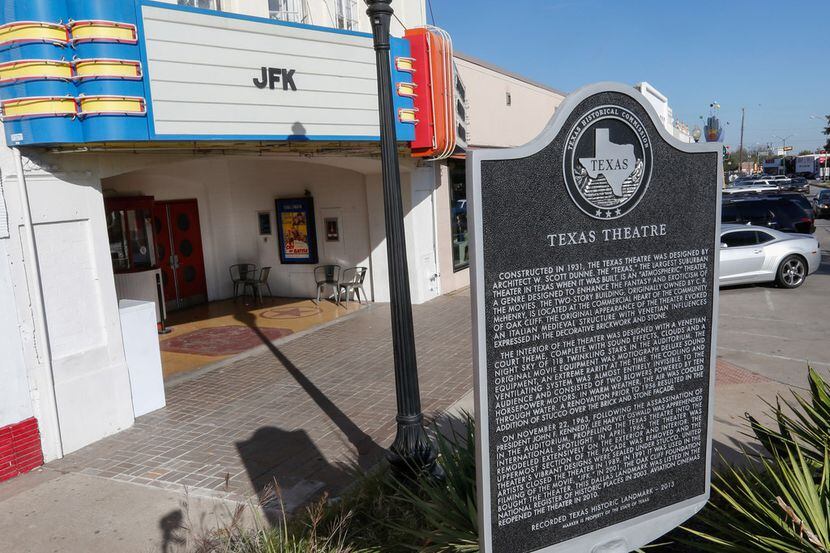 A new Texas Historical Commission marker at the Texas Theatre in the Oak Cliff area of...