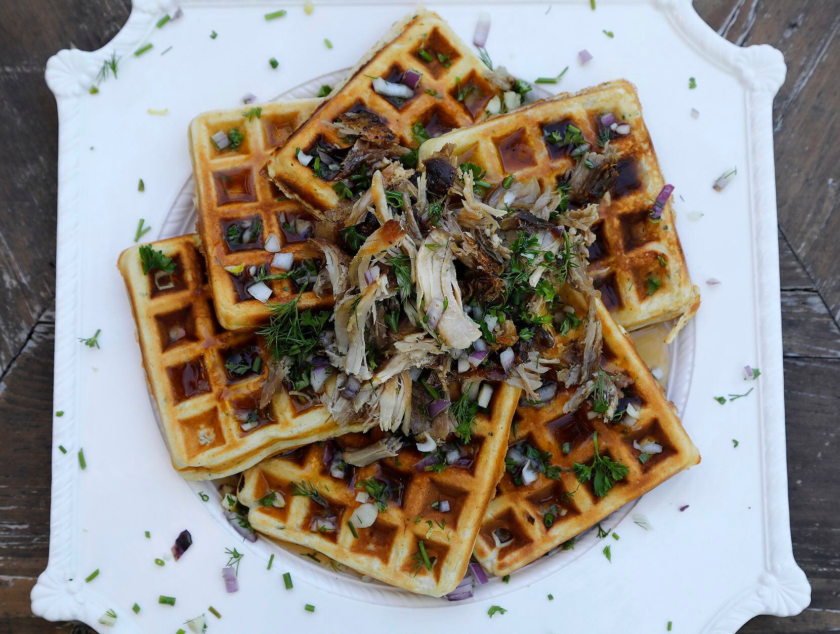 Ranched Waffles With Pulled Pork and Bourbon Maple Syrup (Stewart F. House/Special Contributor)