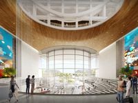 An architect's rendering of what the lobby of NexPoint's proposed TxS District might look like.